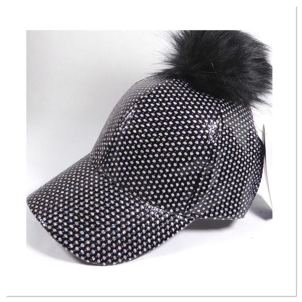 Black Sparkly Pom Pom Cap